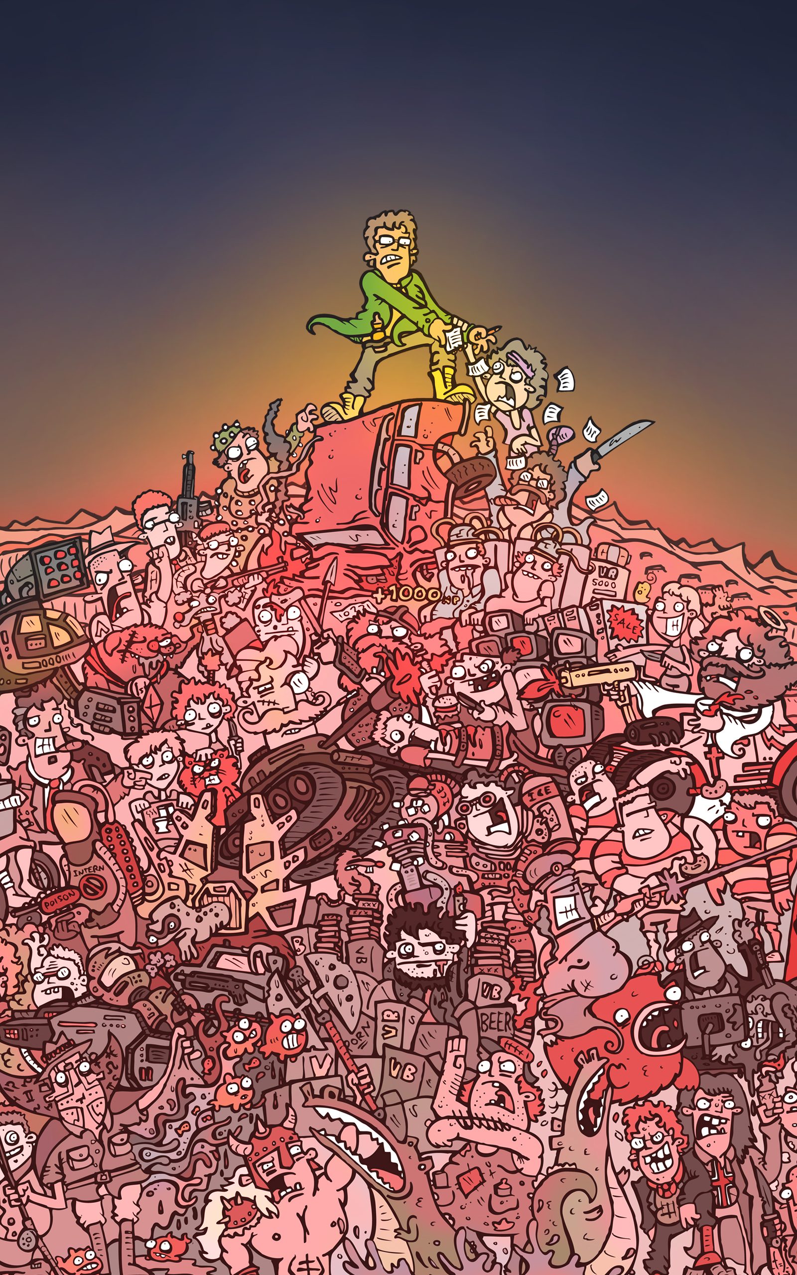 Cover art by Jimmy Stockton: the author in yellow boots on a mountain of wrecked PCs and gamers